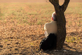 Homme appuyé contre arbre